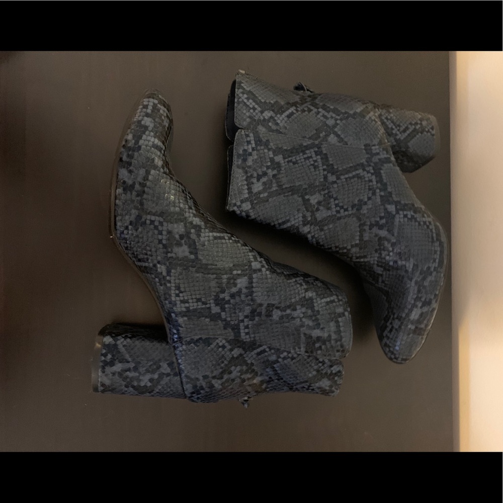 Black and blue snakeskin ankle boots